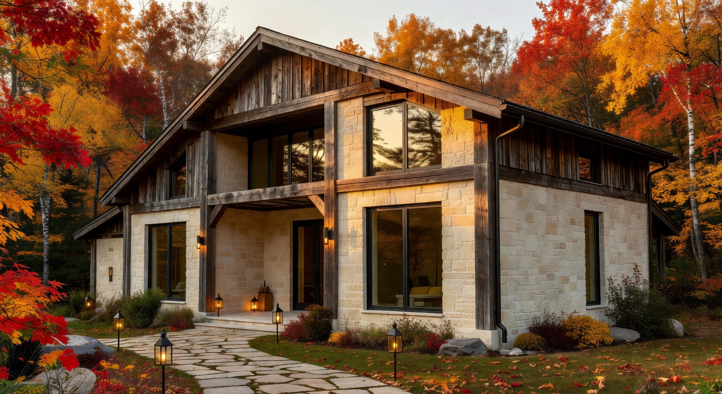 Die umgebaute Scheune, warm beleuchtet im Abendlicht