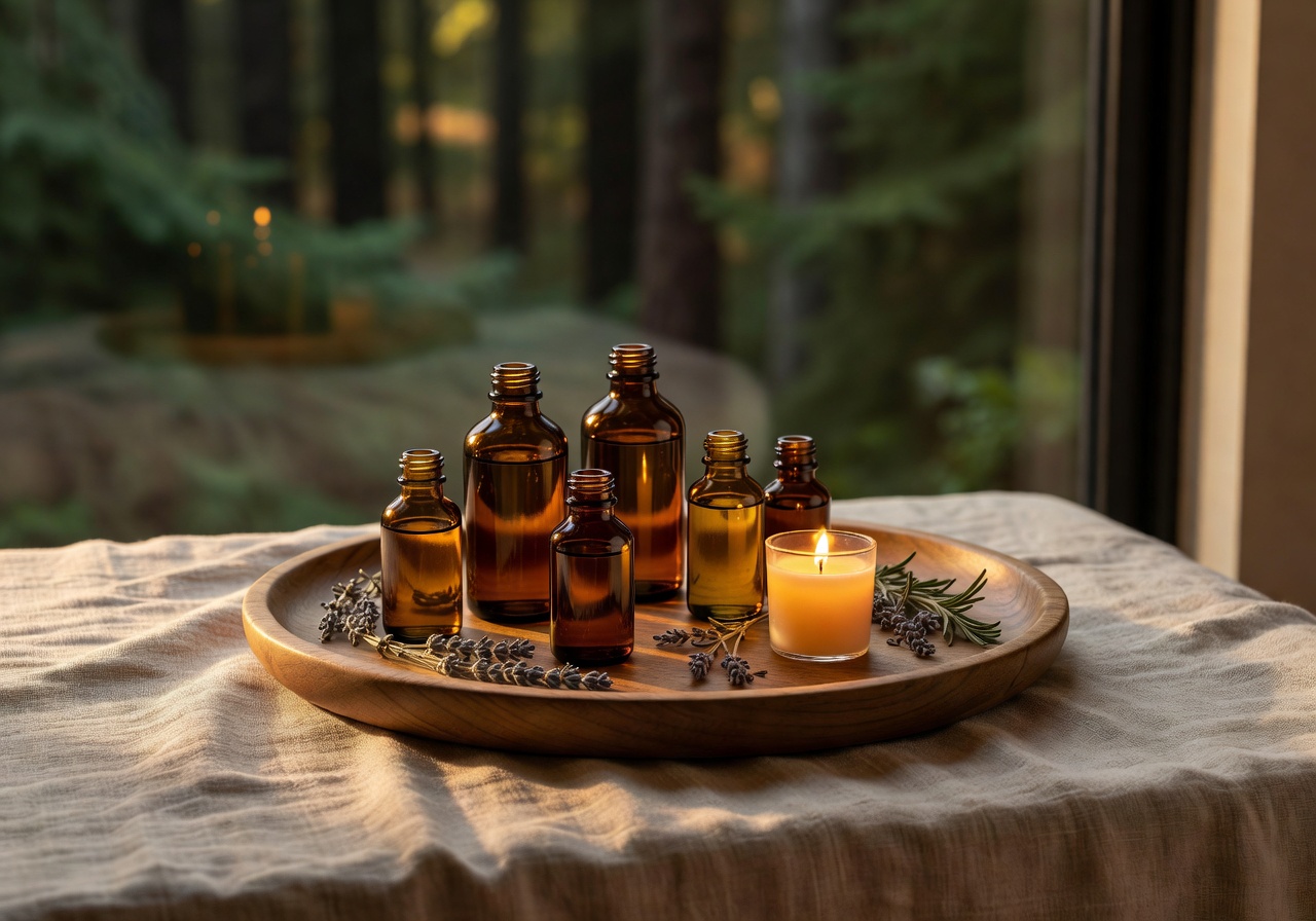 Pflegeprodukte im Abendlicht